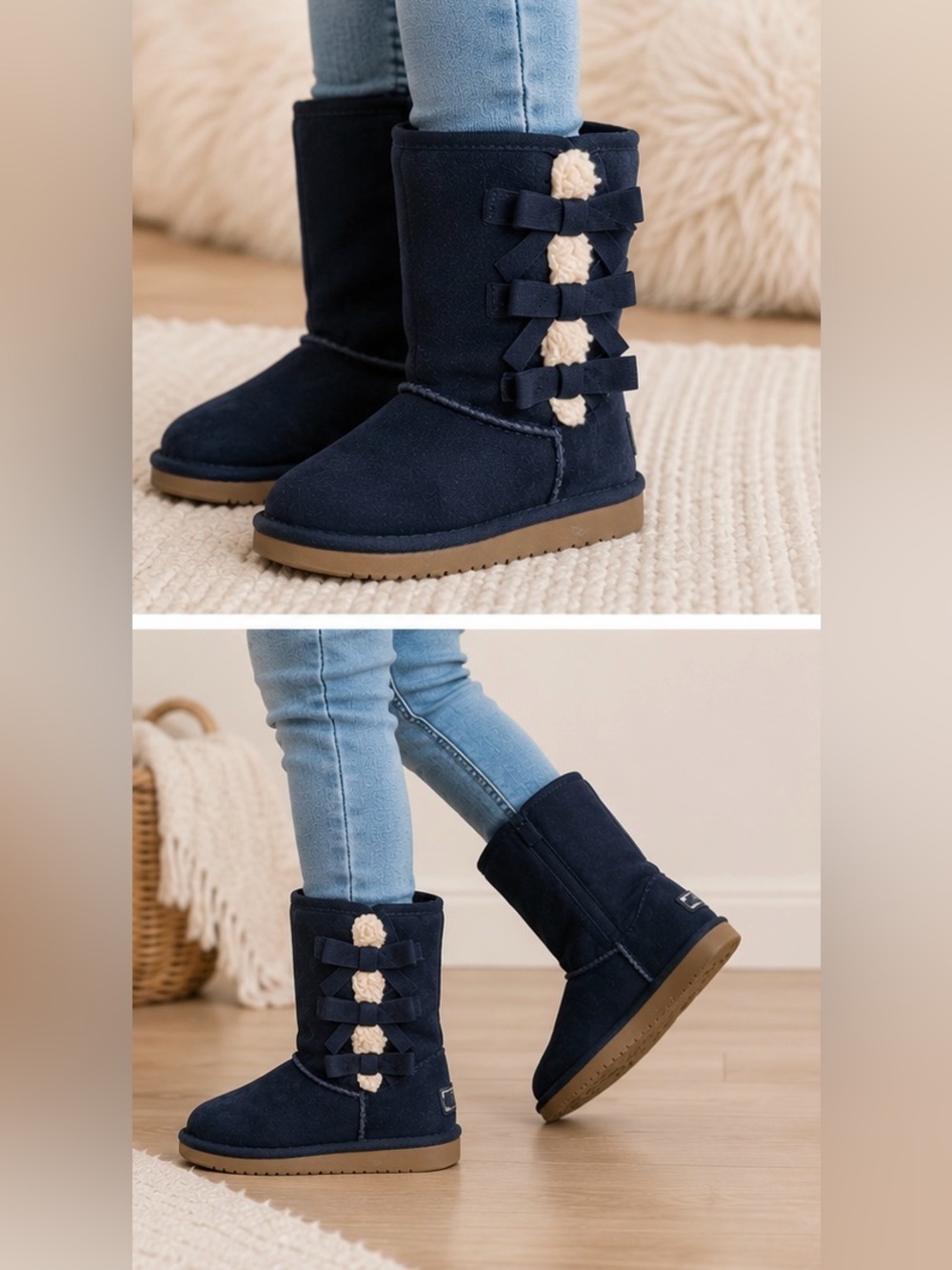 Koolaburra by UGG Girls Navy Triple Bow Faux Fur Boots - Size 13 - Picture 2 of 8